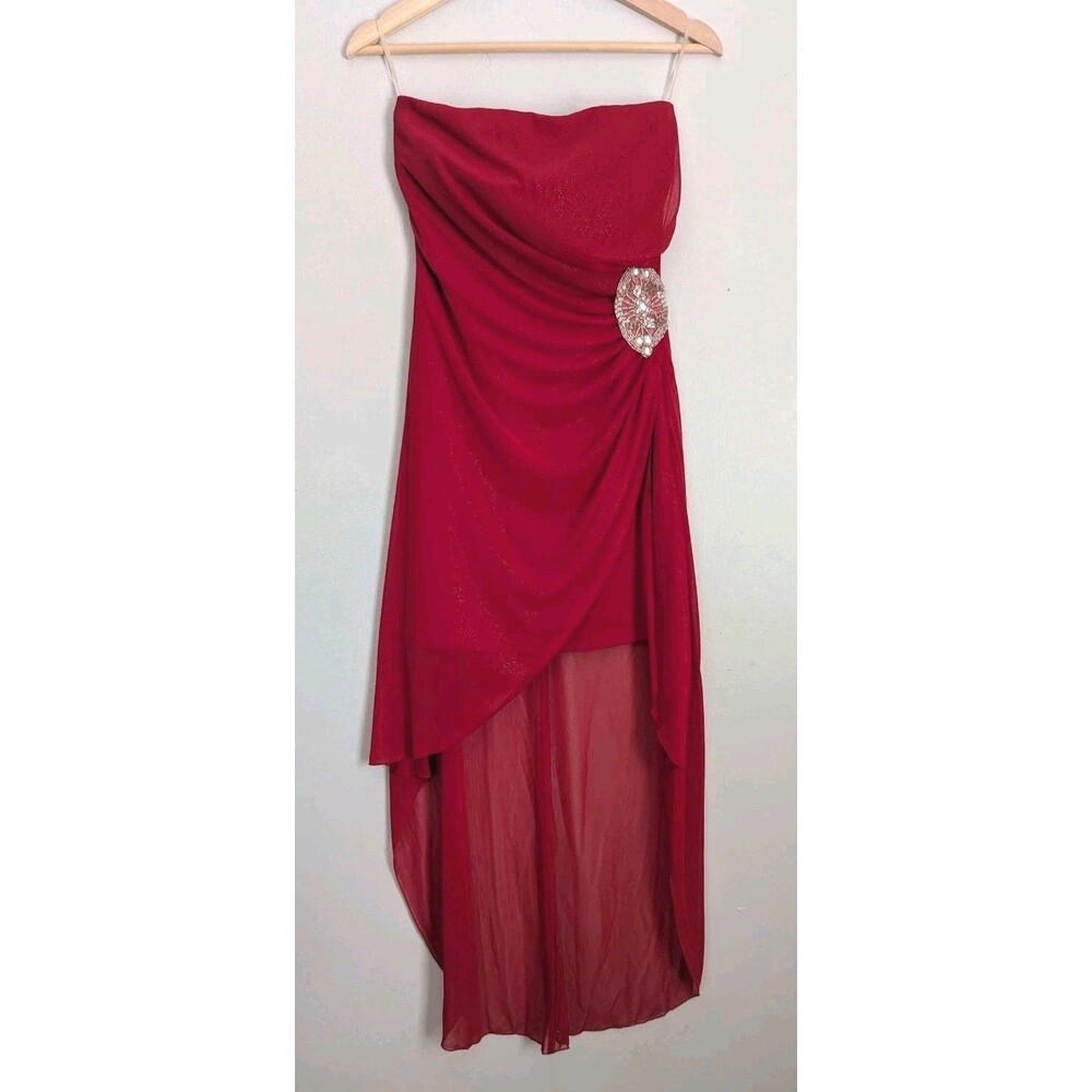 Teeze Me Strapless High Low Strapless Dress Glitter Mesh Gown Y2K Prom USA